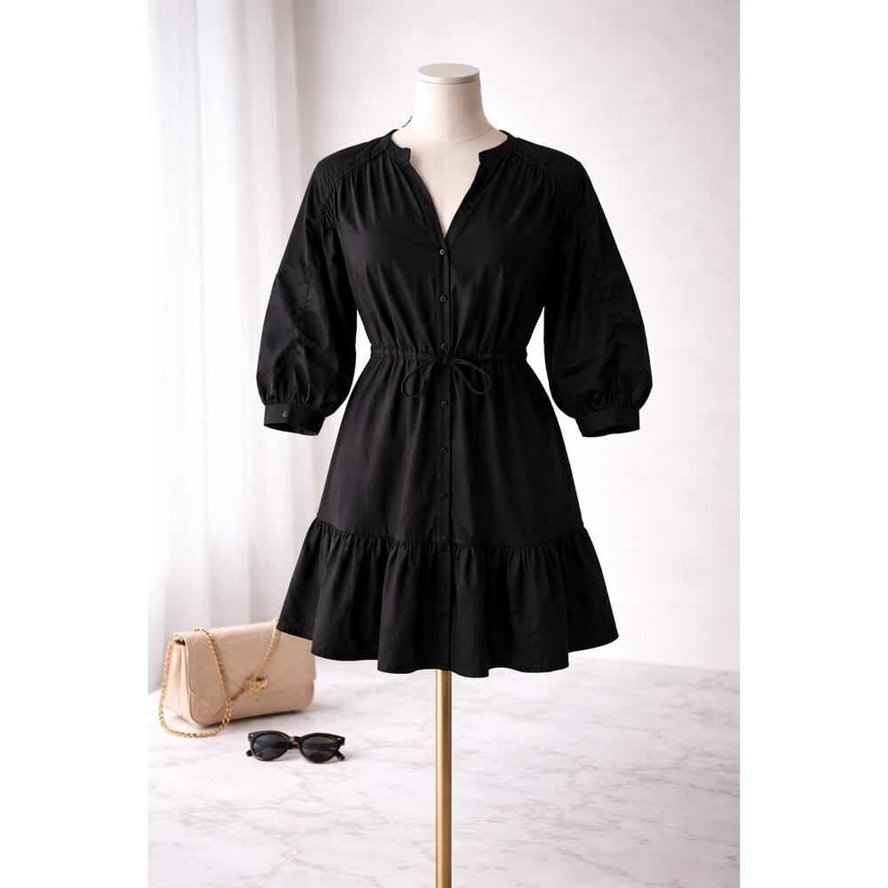 ASTR Label Black Mini Dress Cinched Waist Puff Sleeve Romantic Flowy Babydoll